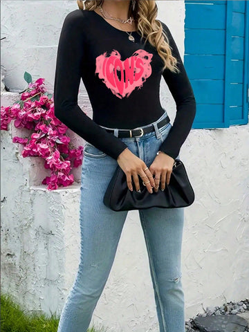 Pink Love Heart Round Neck Long Sleeve Bodysuit, Casual