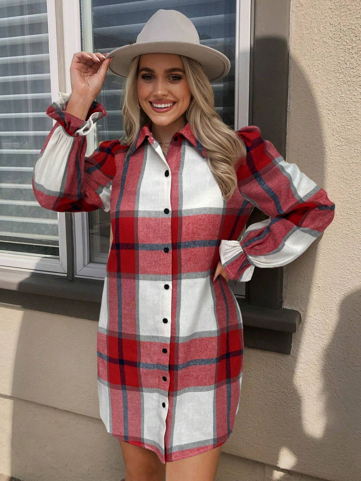 Plaid Ruffled Hem Long Sleeve Casual Shirt Dress, Suitable For Autumn And Winter