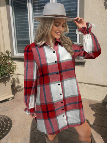 Plaid Ruffled Hem Long Sleeve Casual Shirt Dress, Suitable For Autumn And Winter