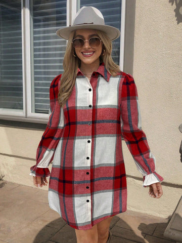 Plaid Ruffled Hem Long Sleeve Casual Shirt Dress, Suitable For Autumn And Winter