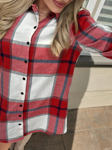Plaid Ruffled Hem Long Sleeve Casual Shirt Dress, Suitable For Autumn And Winter