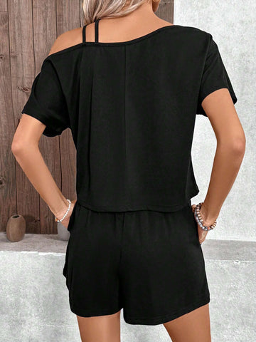 Plain Asymmetrical Neckline Top And Shorts Set For Casual Summer Look