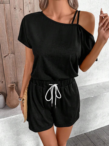 Plain Asymmetrical Neckline Top And Shorts Set For Casual Summer Look