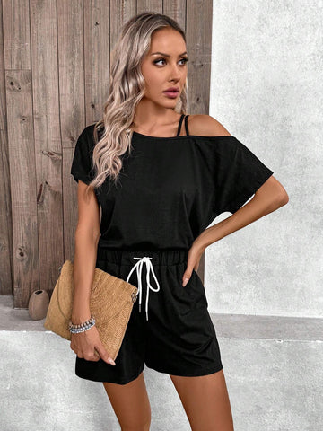 Plain Asymmetrical Neckline Top And Shorts Set For Casual Summer Look