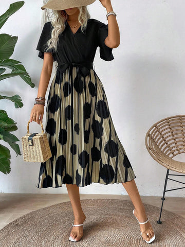 Pleated Hem Polka Dot Patchwork Printed Dress