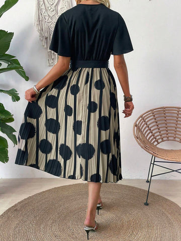 Pleated Hem Polka Dot Patchwork Printed Dress
