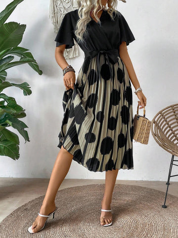 Pleated Hem Polka Dot Patchwork Printed Dress