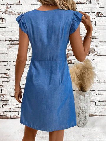 Plunging Neck Button Front Ruffle Trim Dress For Holiday