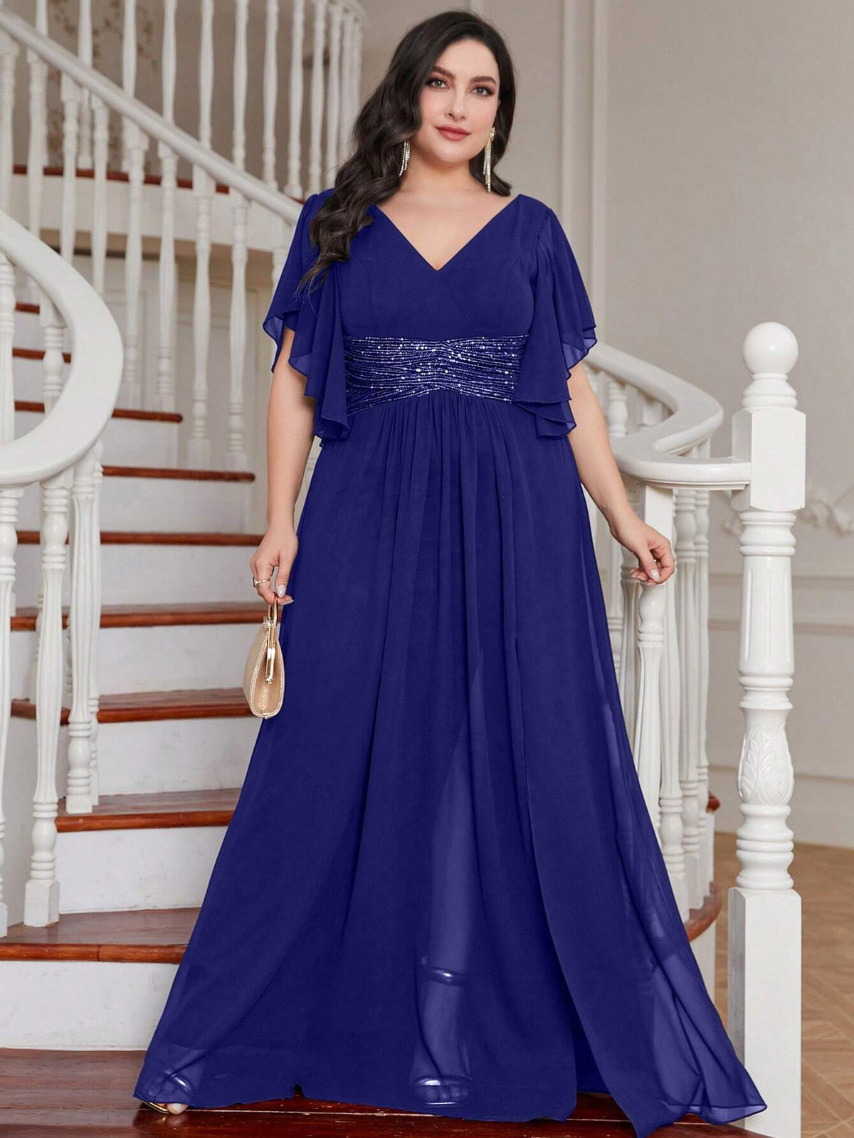 Plus Size Sequined Waist, Split Hem, Ruffle Trim, Chiffon Bridesmaid Dress