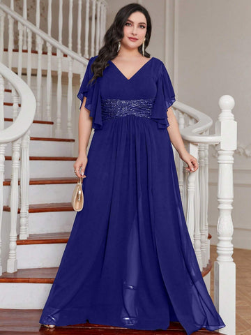 Plus Size Sequined Waist, Split Hem, Ruffle Trim, Chiffon Bridesmaid Dress