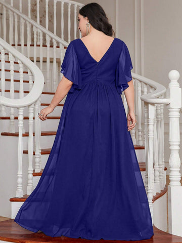 Plus Size Sequined Waist, Split Hem, Ruffle Trim, Chiffon Bridesmaid Dress