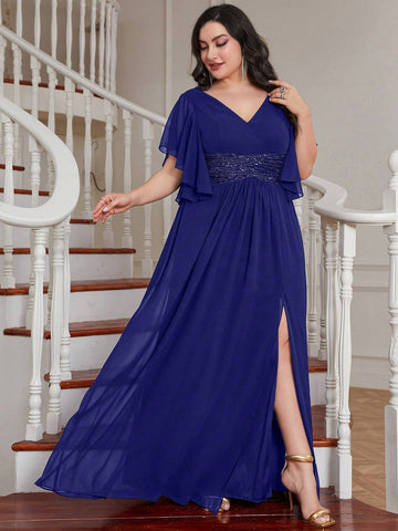 Plus Size Sequined Waist, Split Hem, Ruffle Trim, Chiffon Bridesmaid Dress
