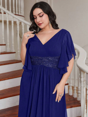 Plus Size Sequined Waist, Split Hem, Ruffle Trim, Chiffon Bridesmaid Dress