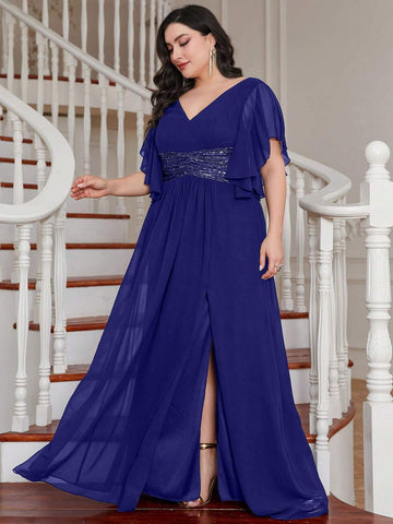 Plus Size Sequined Waist, Split Hem, Ruffle Trim, Chiffon Bridesmaid Dress