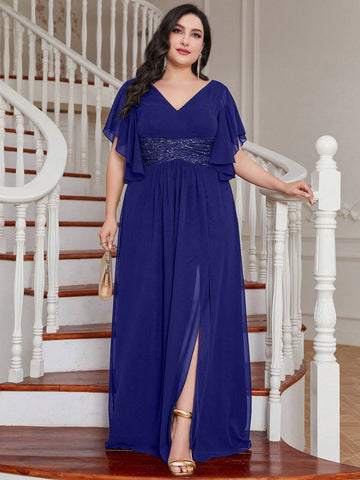 Plus Size Sequined Waist, Split Hem, Ruffle Trim, Chiffon Bridesmaid Dress