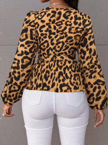 LUNE Plus Size Women Autumn Leopard Print Lantern Sleeve Elegant Fashionable Blouse