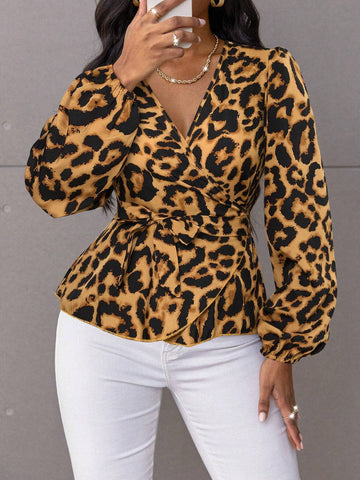 LUNE Plus Size Women Autumn Leopard Print Lantern Sleeve Elegant Fashionable Blouse