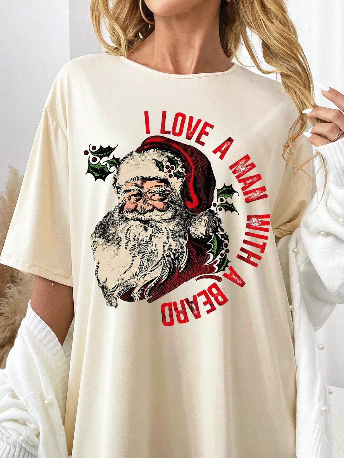 Plus Size Women Santa Claus Slogan Print Round Neck Drop Shoulder Casual Dress