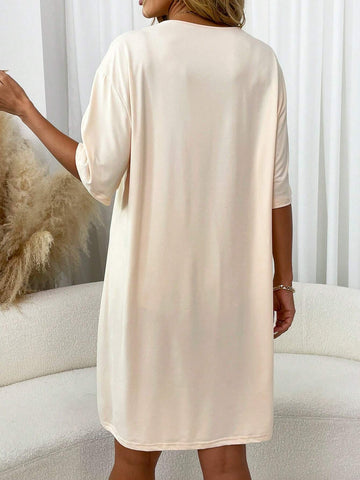 Plus Size Women Santa Claus Slogan Print Round Neck Drop Shoulder Casual Dress