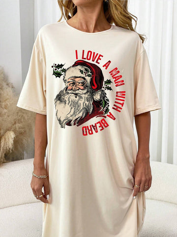 Plus Size Women Santa Claus Slogan Print Round Neck Drop Shoulder Casual Dress