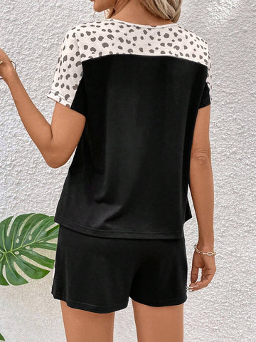 Polka Dot Print Color Block T-Shirt And Shorts Set