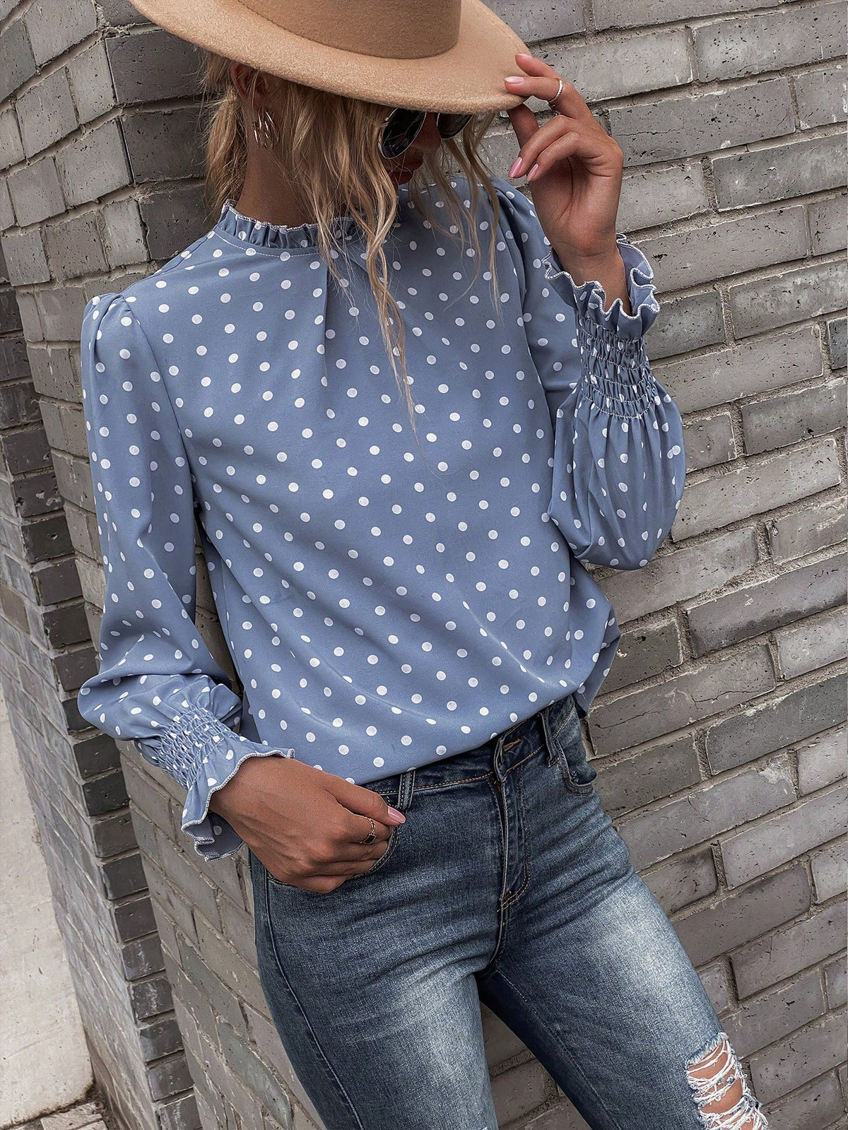 Polka Dot Print Flare Sleeve Frill Trim Blouse