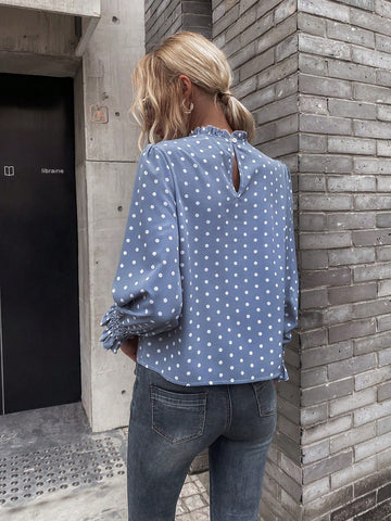 Polka Dot Print Flare Sleeve Frill Trim Blouse