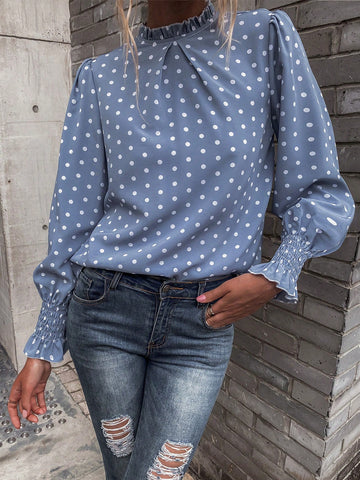 Polka Dot Print Flare Sleeve Frill Trim Blouse