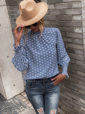 Polka Dot Print Flare Sleeve Frill Trim Blouse