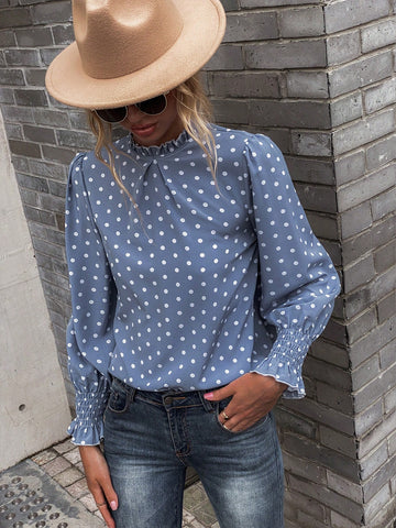 Polka Dot Print Flare Sleeve Frill Trim Blouse