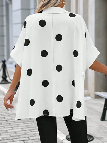 LUNE Polka Dot Print Front Button Summer Short Sleeve Shirt