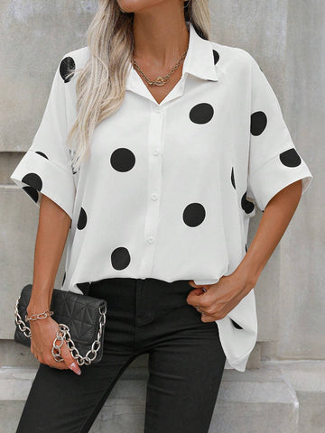 LUNE Polka Dot Print Front Button Summer Short Sleeve Shirt