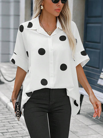 LUNE Polka Dot Print Front Button Summer Short Sleeve Shirt