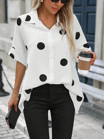 LUNE Polka Dot Print Front Button Summer Short Sleeve Shirt