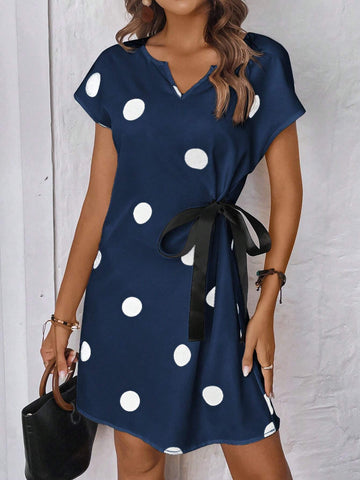 Polka Dot Print Notched Neckline Batwing Sleeve Short Dress