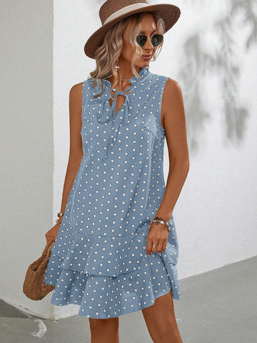 Polka Dot Printed Halter Neck Dress With Knot Detail And Ruffled Hem, Sleeveless