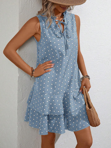 Polka Dot Printed Halter Neck Dress With Knot Detail And Ruffled Hem, Sleeveless