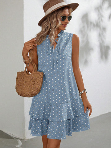 Polka Dot Printed Halter Neck Dress With Knot Detail And Ruffled Hem, Sleeveless