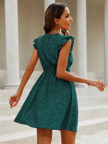 Polka Dot Printed V-Neck Button Detail Ruffle Trimmed Edged Dress