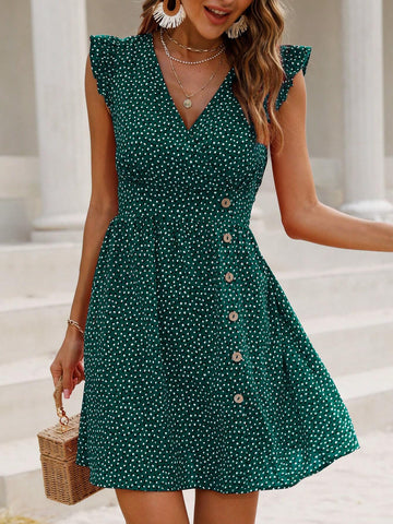 Polka Dot Printed V-Neck Button Detail Ruffle Trimmed Edged Dress