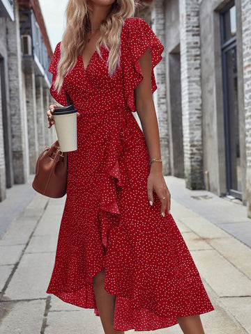 Polka Dot Ruffle Trim Knot Side Wrap Dress