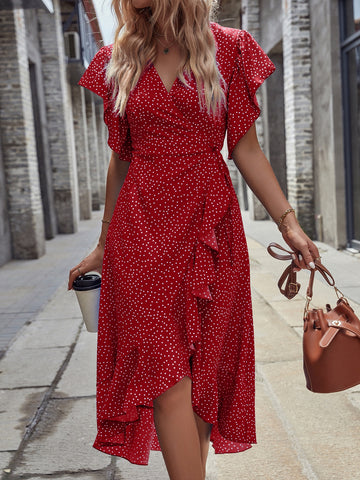 Polka Dot Ruffle Trim Knot Side Wrap Dress