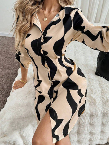 Polo Collar Flare Sleeve A-Line Shirt Dress With Geometric Print, Elegant Casual Commute Women