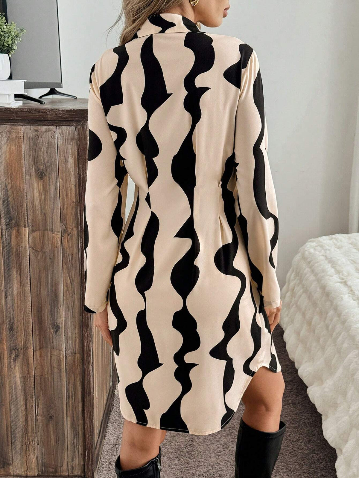 Polo Collar Flare Sleeve A-Line Shirt Dress With Geometric Print, Elegant Casual Commute Women