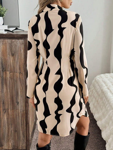 Polo Collar Flare Sleeve A-Line Shirt Dress With Geometric Print, Elegant Casual Commute Women