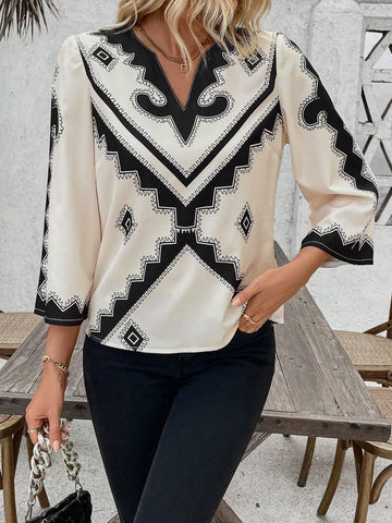 LUNE Positioning Printed V-Neck Bell Sleeve Shirt