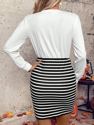 Print + Stripe Patchwork Bodycon Dress For Women