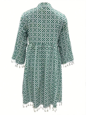 Printed Dress With Fringe & Tassel Trimmed Tie Neckline