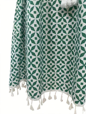 Printed Dress With Fringe & Tassel Trimmed Tie Neckline