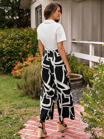 Printed Elastic Waist Black Jumpsuit Romper With Wide Leg And White Shirt Two Pieces Set
